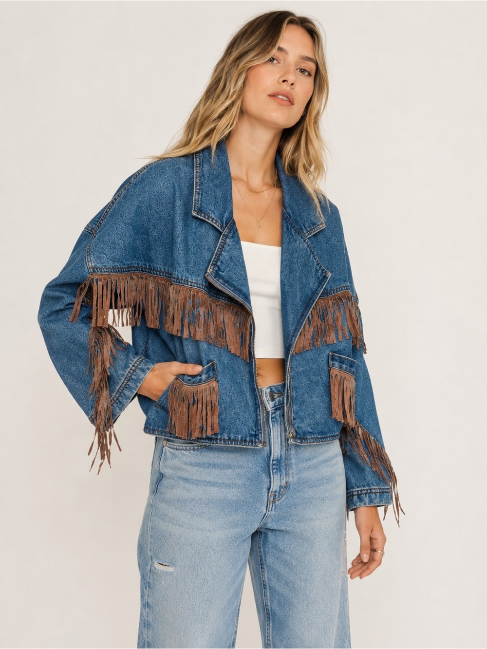 Vintage boho fringe cropped real suede Jean jacket Seruchi Y2K denim sz L 90s